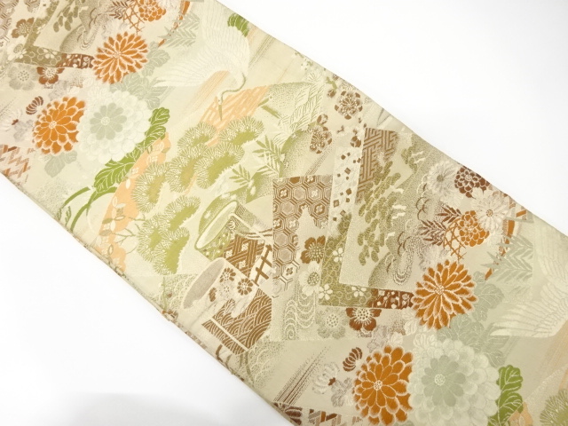 アンティーク　鶴に貝桶・草花模様織り出し丸帯（材料）